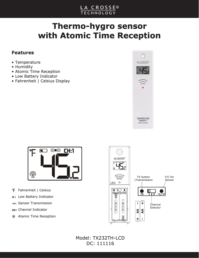 Page 1 de la notice Manuel utilisateur La Crosse Technology TX232TH-LCD