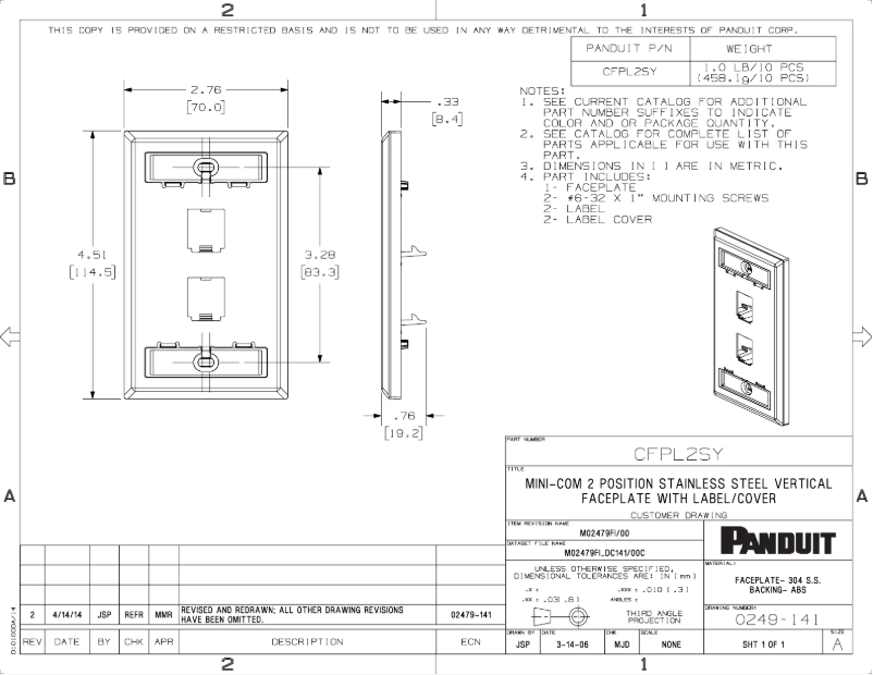 Page 1 de la notice Dessin technique Panduit CFPL2SY