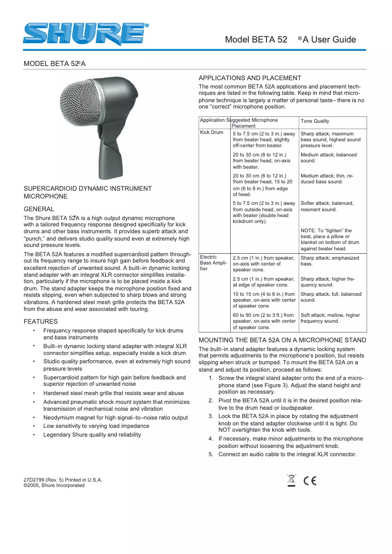 Page 1 de la notice Manuel utilisateur Shure BETA 52A