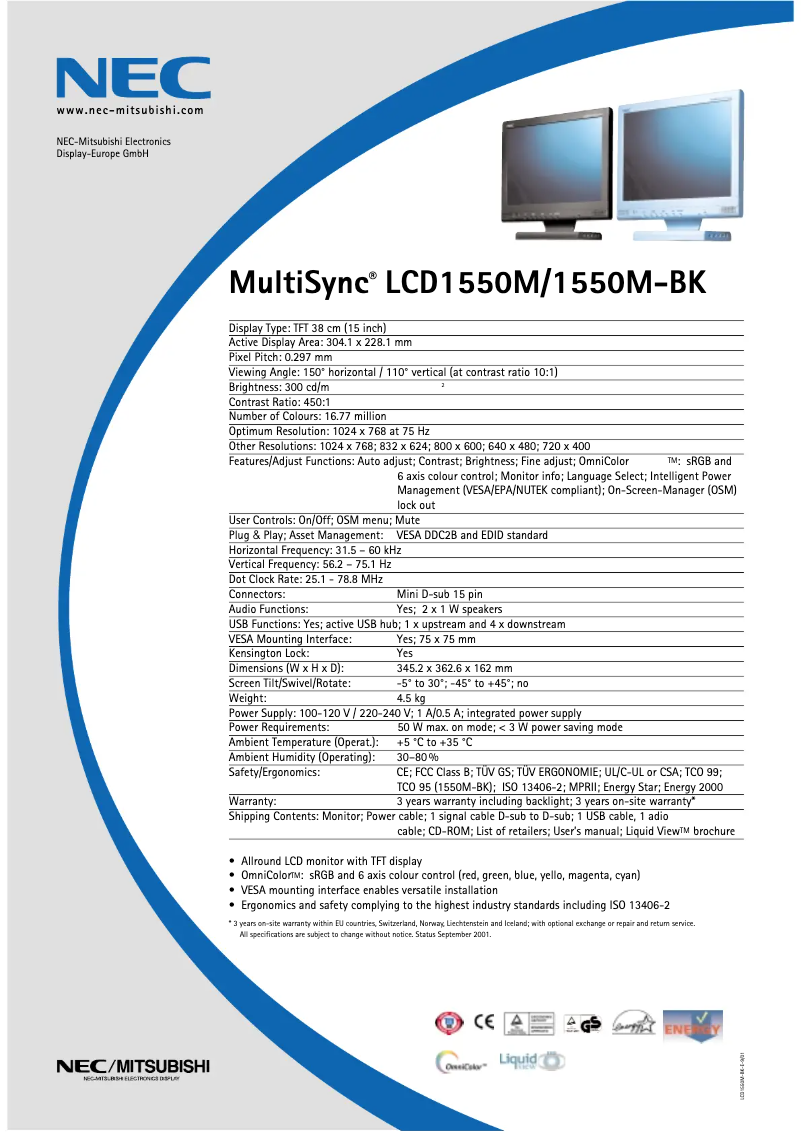 Imagen de la primera página del manual del dispositivo MultiSync LCD1550M