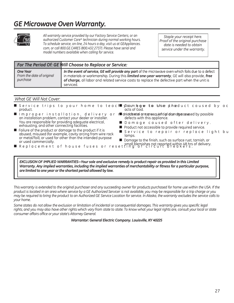 Page 1 de la notice Informations de garantie GE JVM7195SKSS