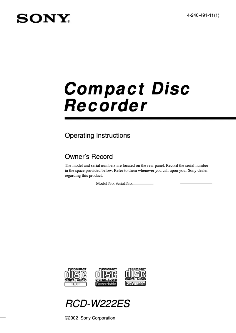 Image de la première page du manuel de l'appareil RCD-W222ES