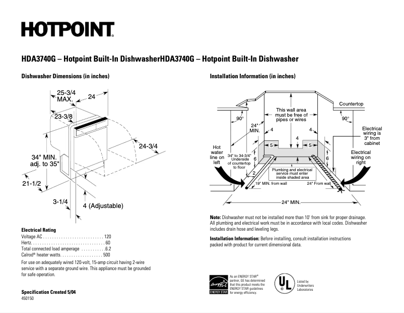 Page n°1 - Fiche technique Hotpoint HDA3740GSA