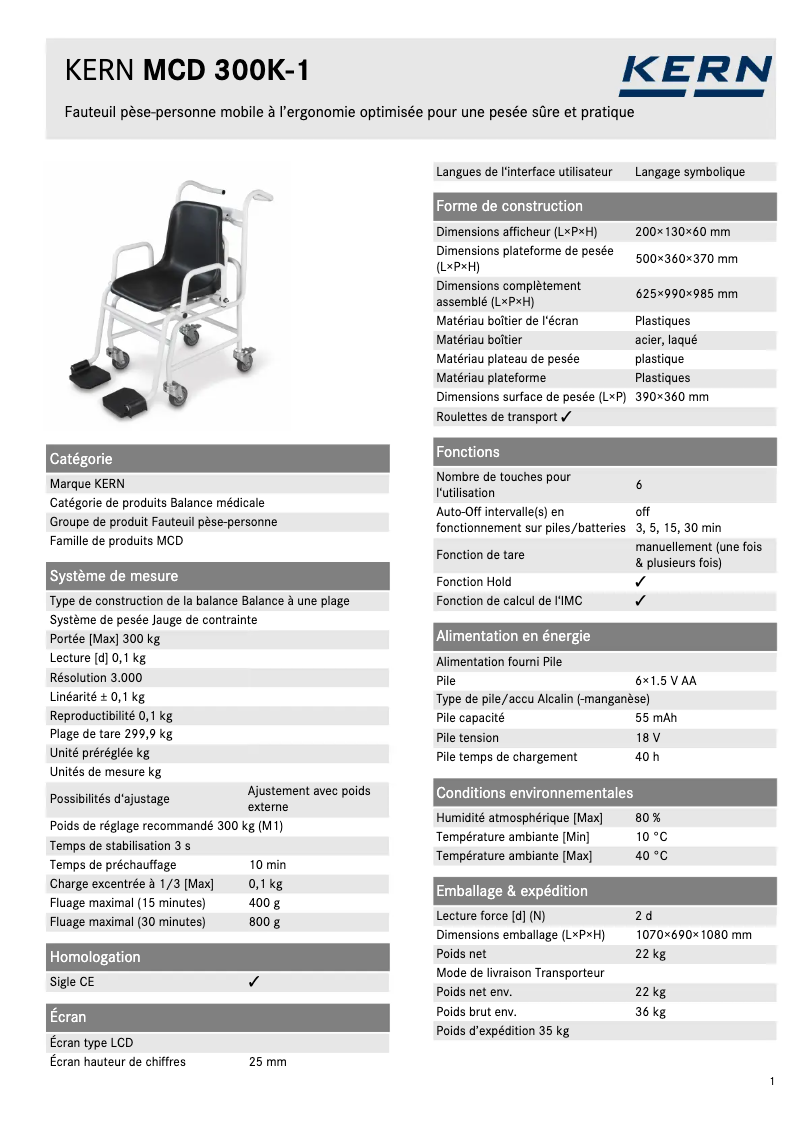 Page 1 de la notice Fiche technique Kern MCD 300K-1