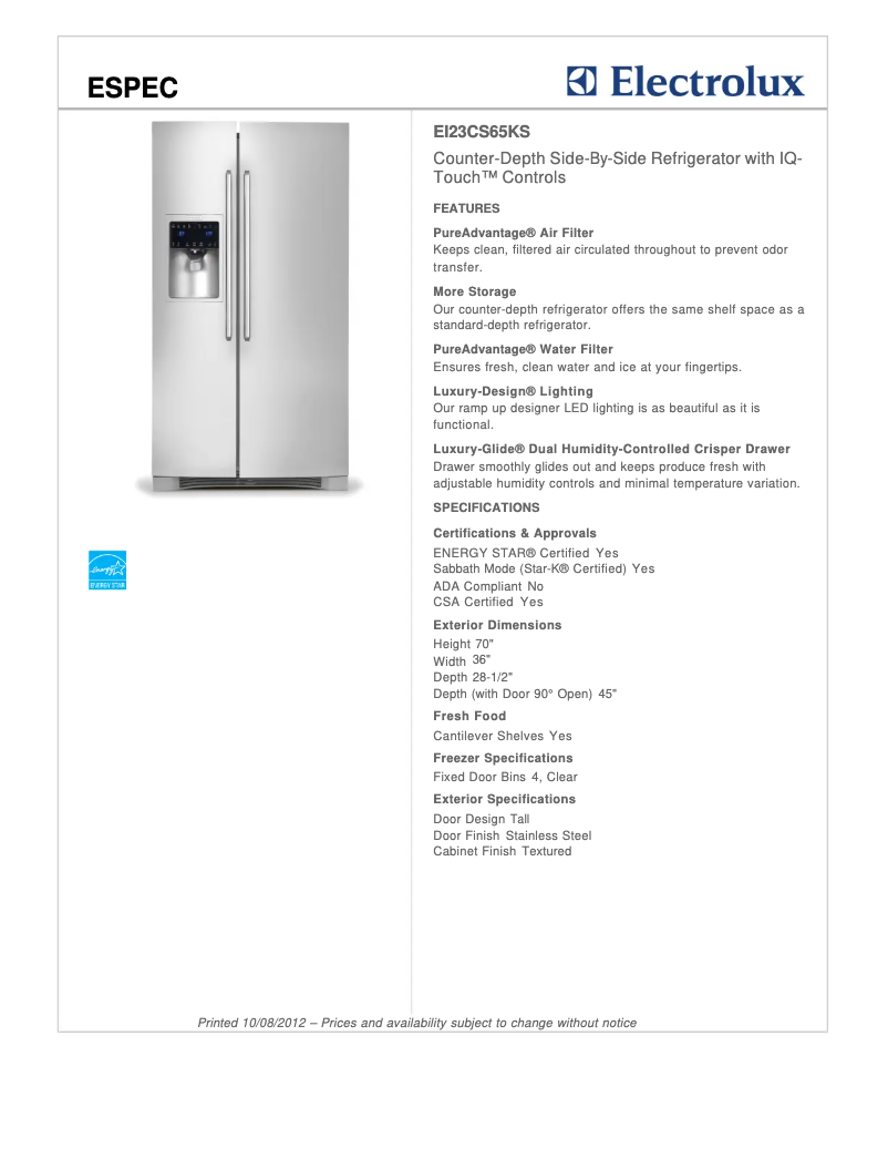 Page 1 de la notice Fiche technique Electrolux EI23CS65K