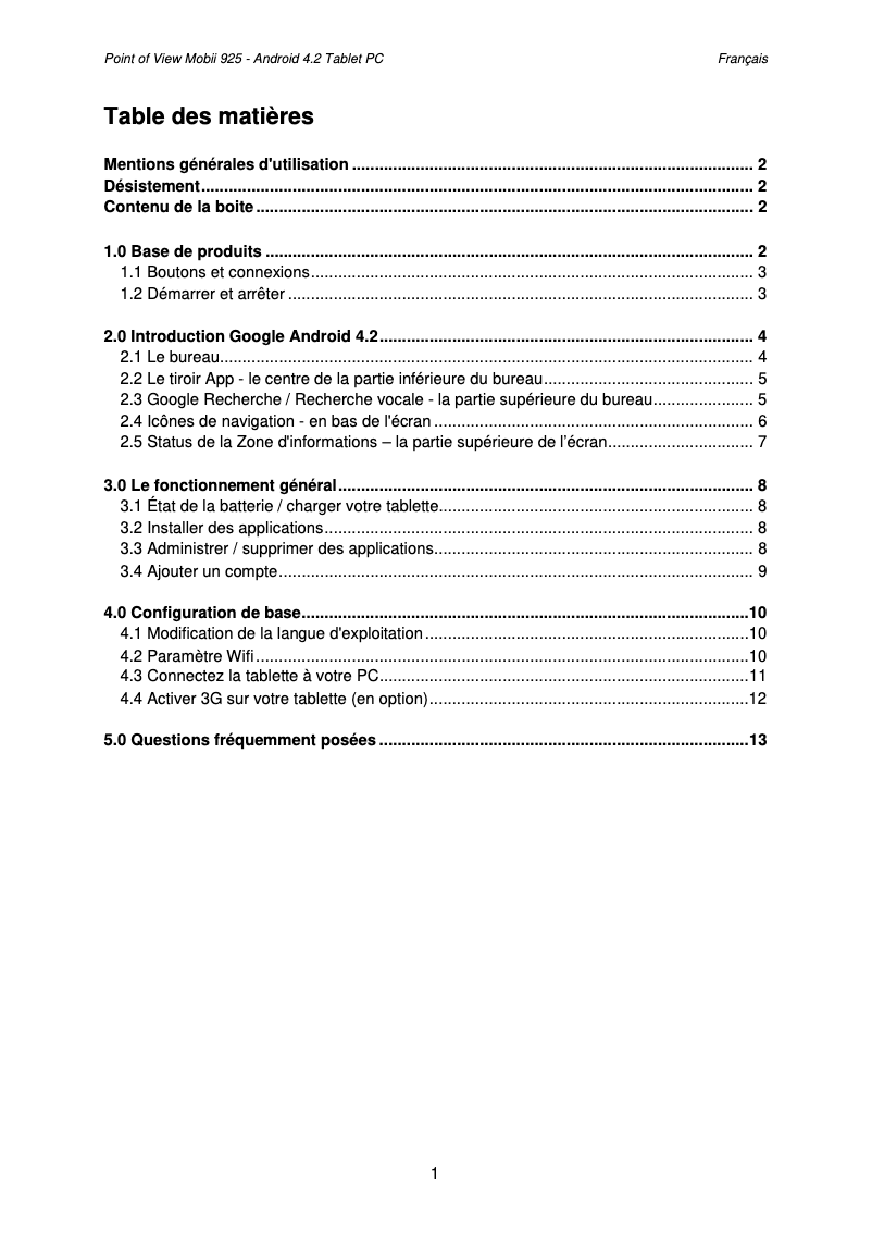 Page n°1 - Manuel utilisateur Point of View Mobii 925