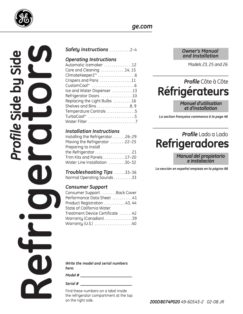 Page n°1 - Manuel d'utilisation et d'entretien GE GSHF5KGXCC