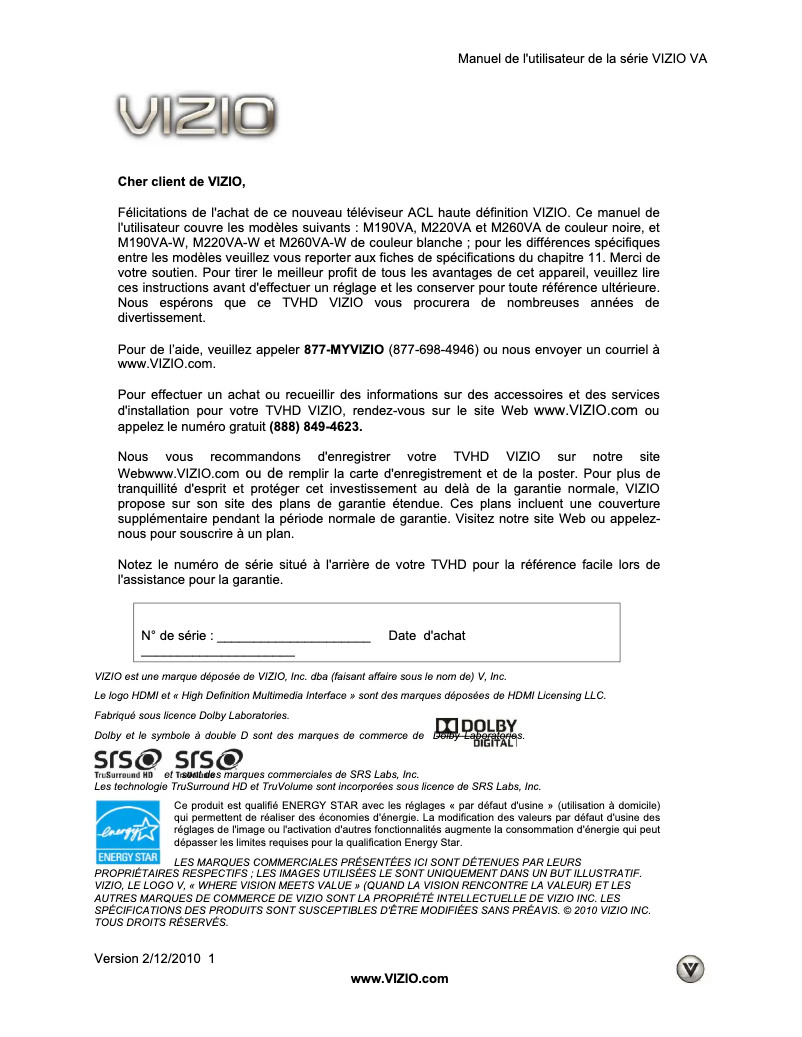 Page 1 de la notice Manuel utilisateur VIZIO M190VA-CA
