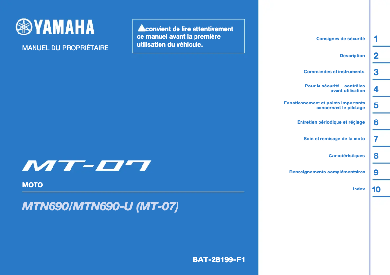 Page n°1 - Manuel utilisateur Yamaha MT07 (2022)
