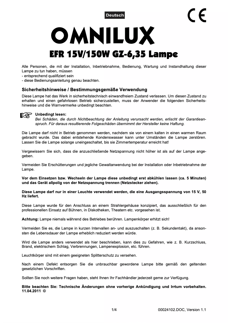 Page 1 de la notice Manuel utilisateur Omnilux EFR 15 V