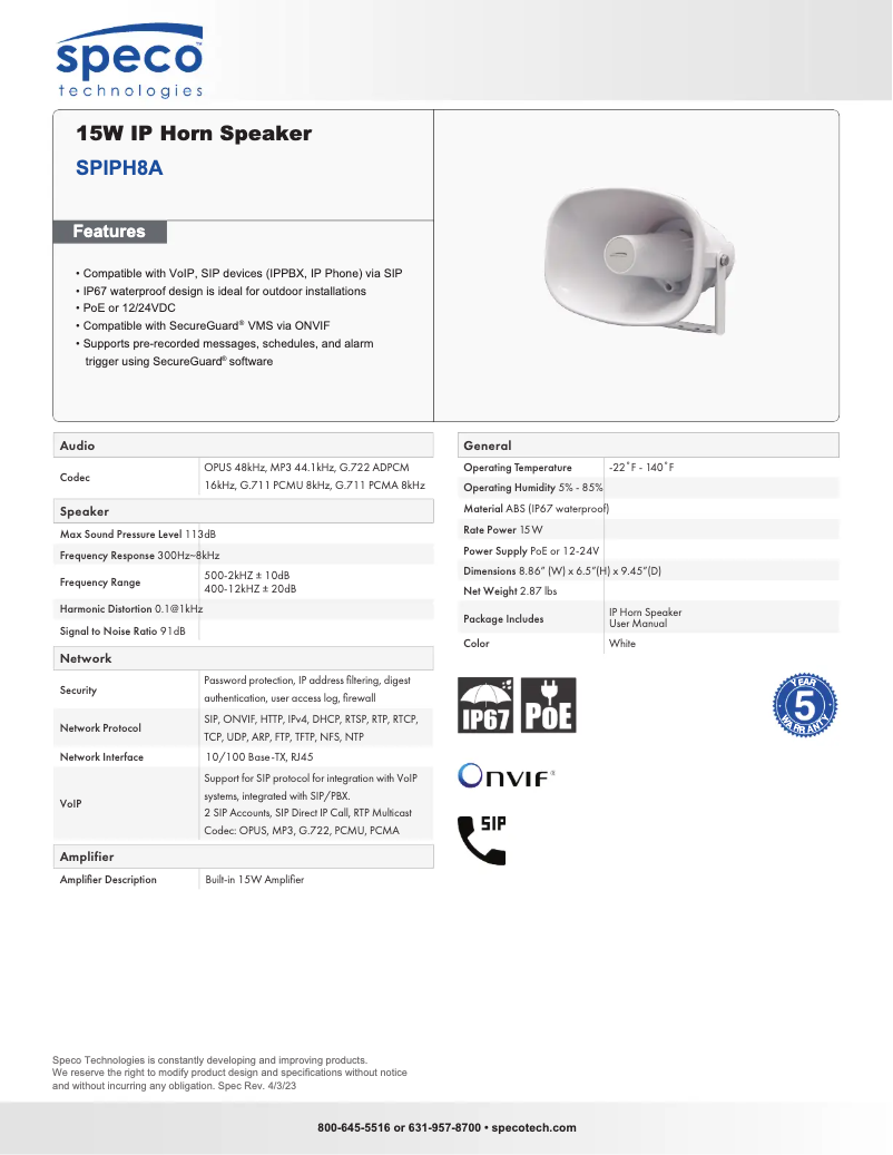 Page 1 de la notice Fiche technique Speco Technologies SPIPH8A