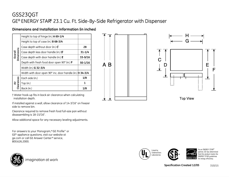 Page n°1 - Fiche technique GE GSS23QGTCC