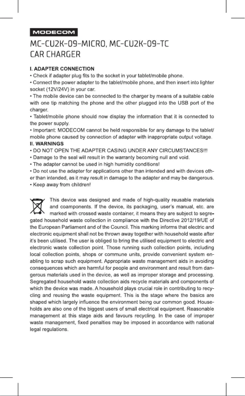 Page 1 de la notice Manuel utilisateur ModeCom MC-CU2K-09-MICRO