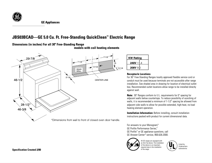 Page n°1 - Fiche technique GE JBS03BCAD