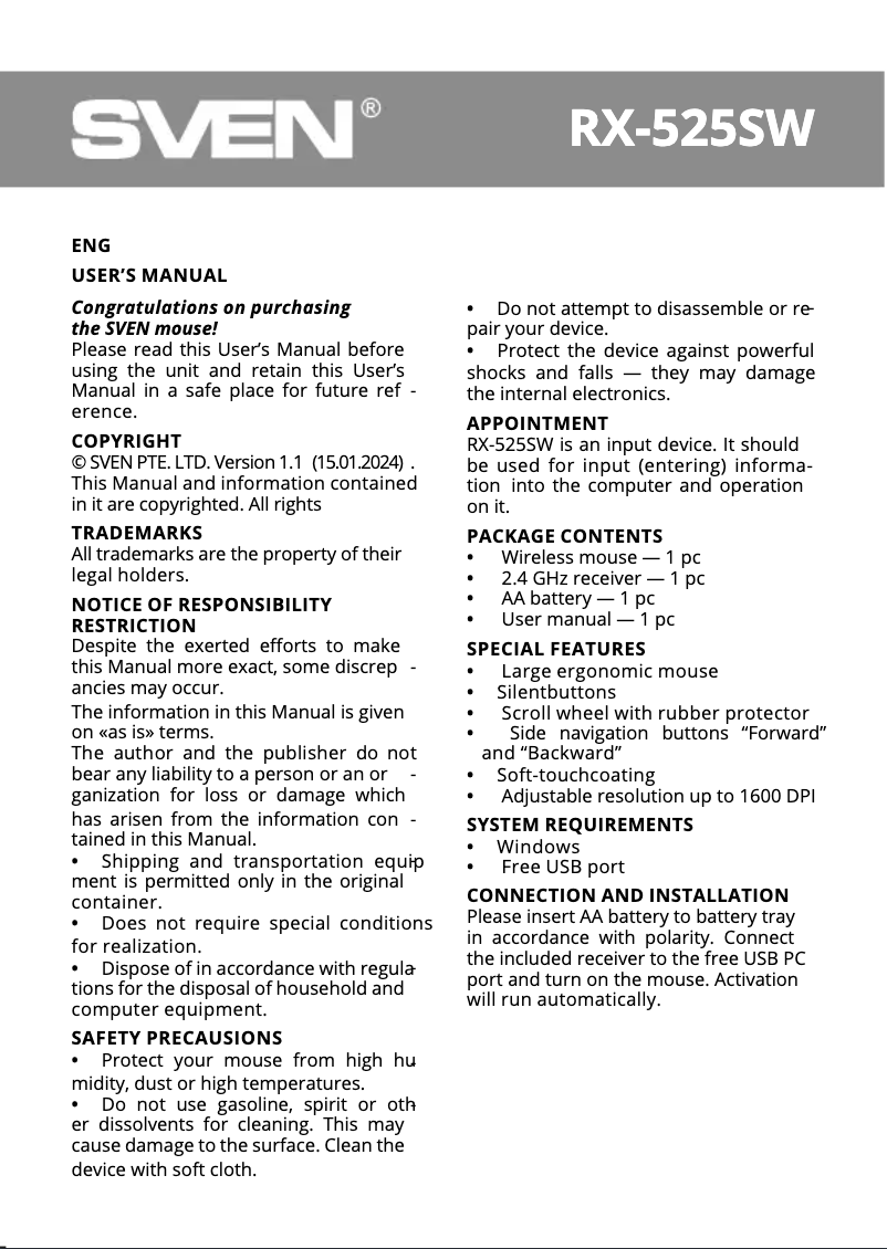 Page n°1 - Manuel utilisateur Sven RX-525SW
