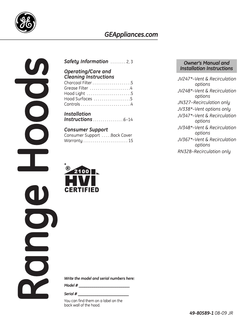 Page n°1 - Manuel utilisateur GE JN327HCC