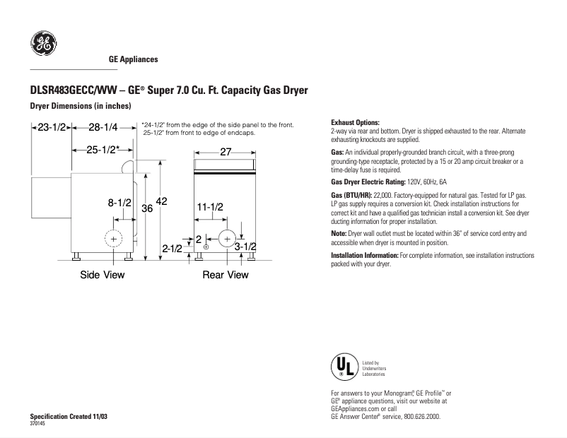 Page 1 of the manual Technical Sheet GE DLSR483WW