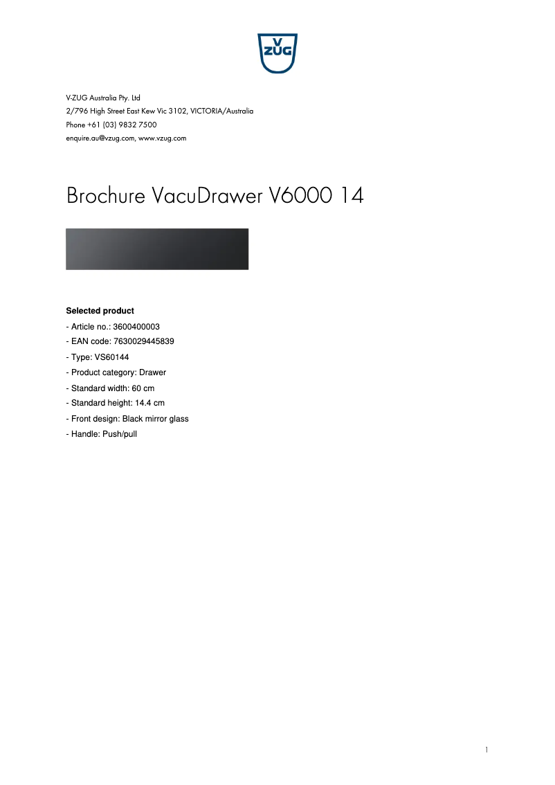 Page 1 de la notice Fiche technique V-Zug VacuDrawer V6000