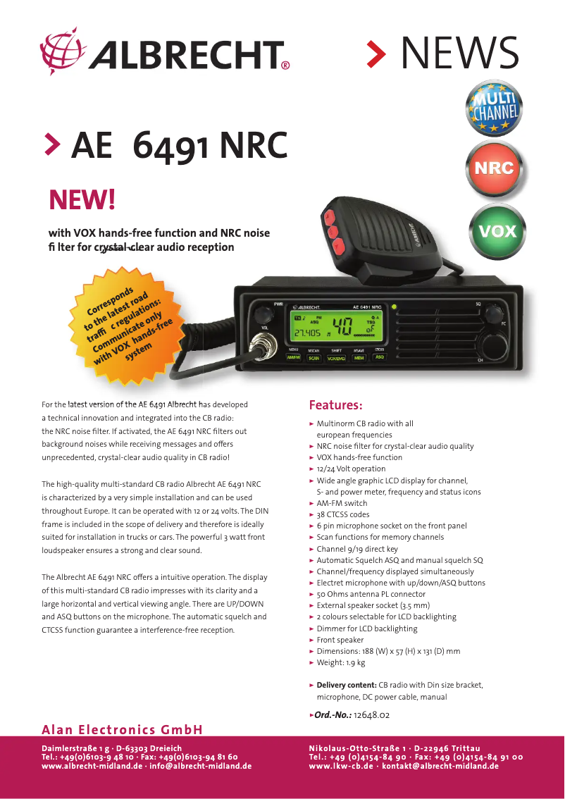 Página 1 del manual Ficha técnica Albrecht AE 6491 NRC