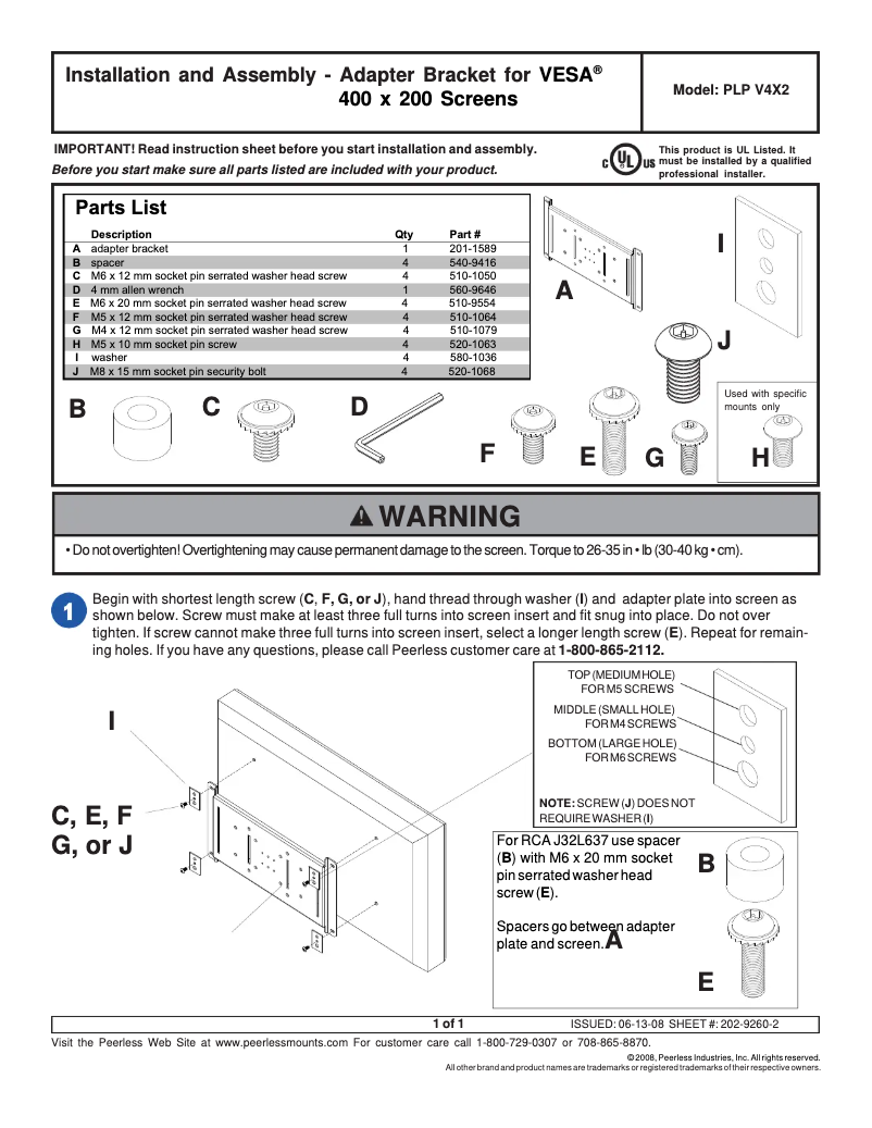 Page n°1 - Manuel utilisateur Peerless-AV PLP-V4X2