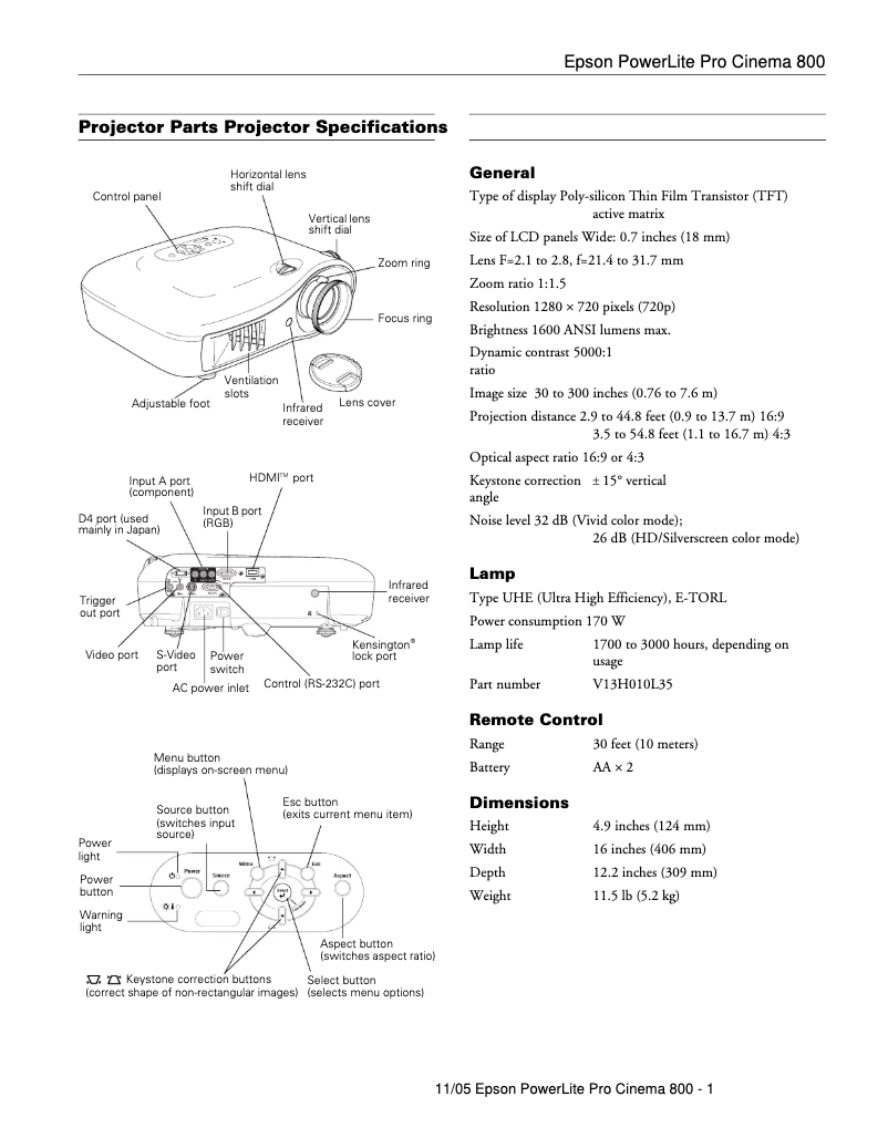 Page 1 de la notice Fiche technique Epson PowerLite Pro Cinema 800