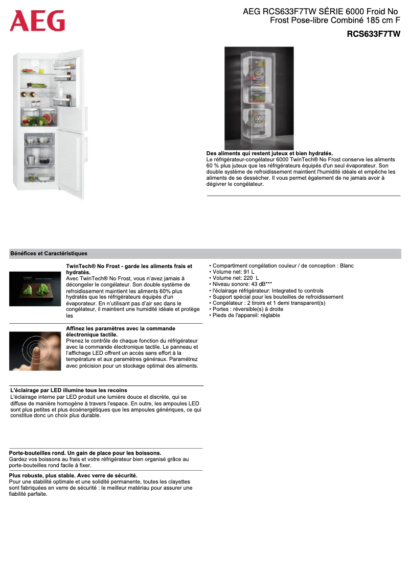 Page 1 de la notice Fiche technique AEG RCS633F7TW