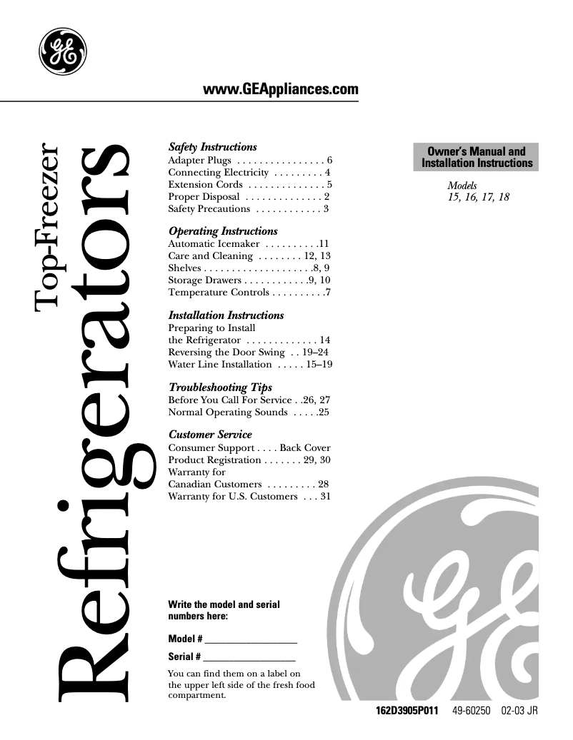 Page 1 de la notice Manuel d'utilisation et d'entretien GE GTS17BBMLWW