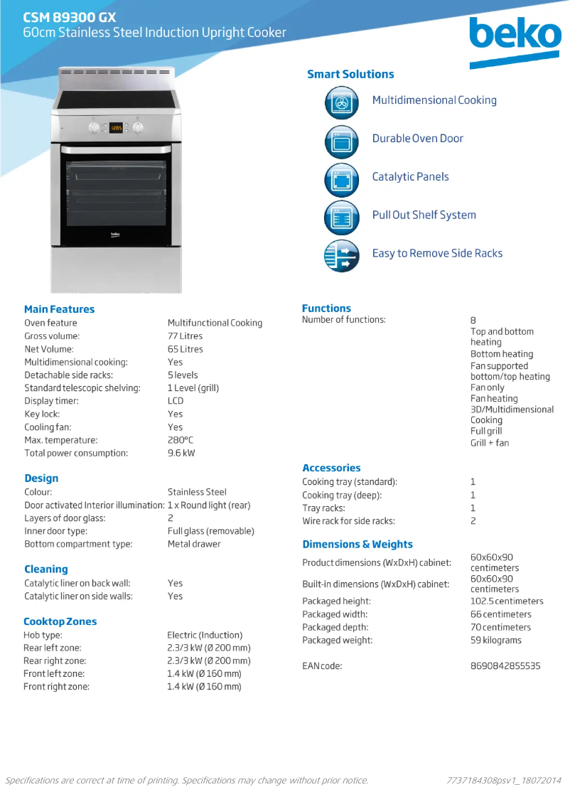 Page 1 de la notice Fiche technique Beko CSM89300GX