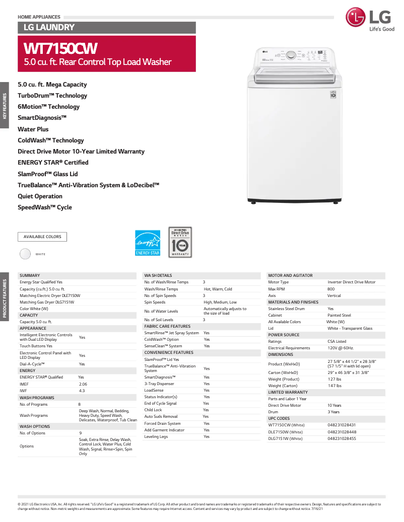 Page 1 de la notice Fiche technique LG WT7150CW