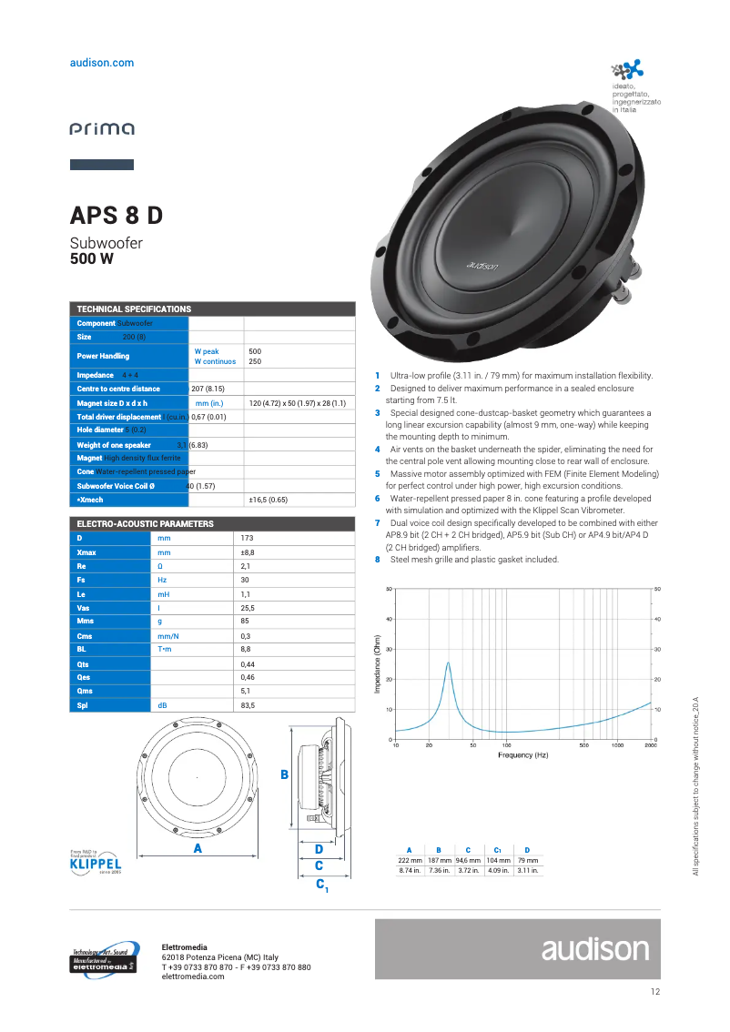 Page 1 de la notice Fiche technique Audison Prima APS 8 D