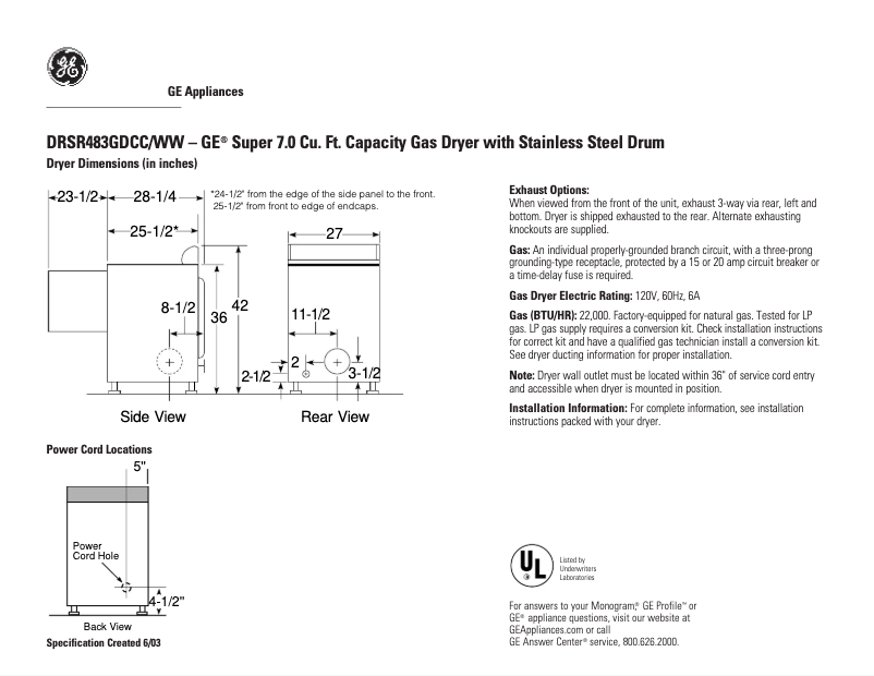 Page n°1 - Fiche technique GE DRSR483GDCC