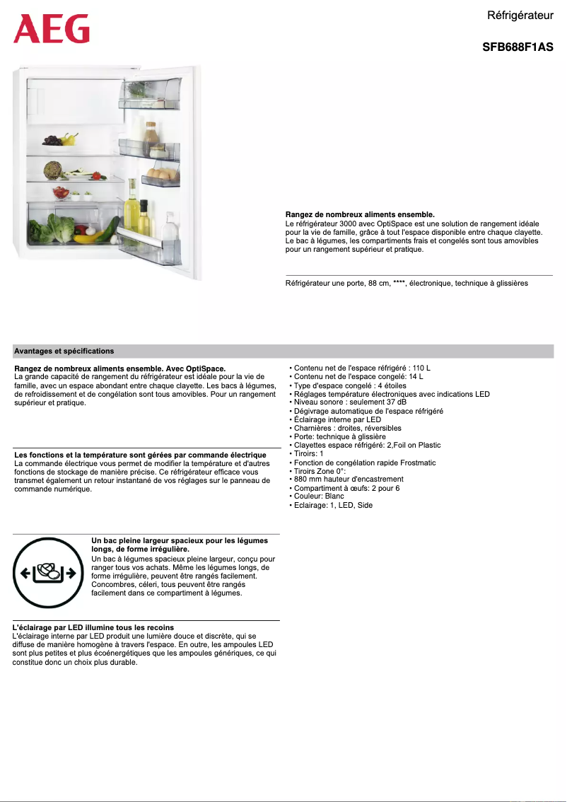 Page 1 de la notice Fiche technique AEG SFB688F1AS