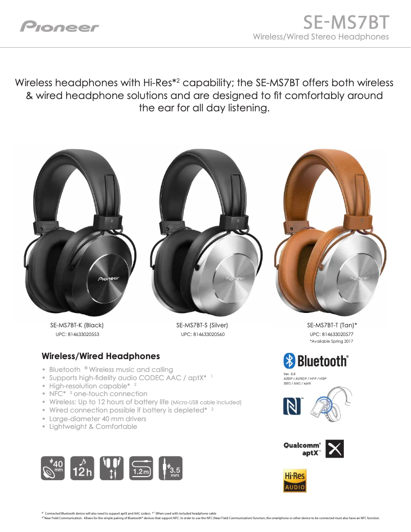 Page 1 de la notice Fiche technique Pioneer SE-MS7BT