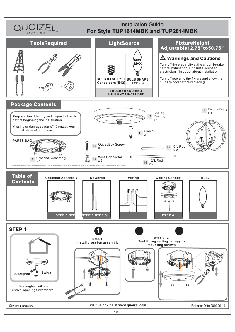 Page n°1 - Manuel utilisateur Quoizel Tupelo TUP1614MBK