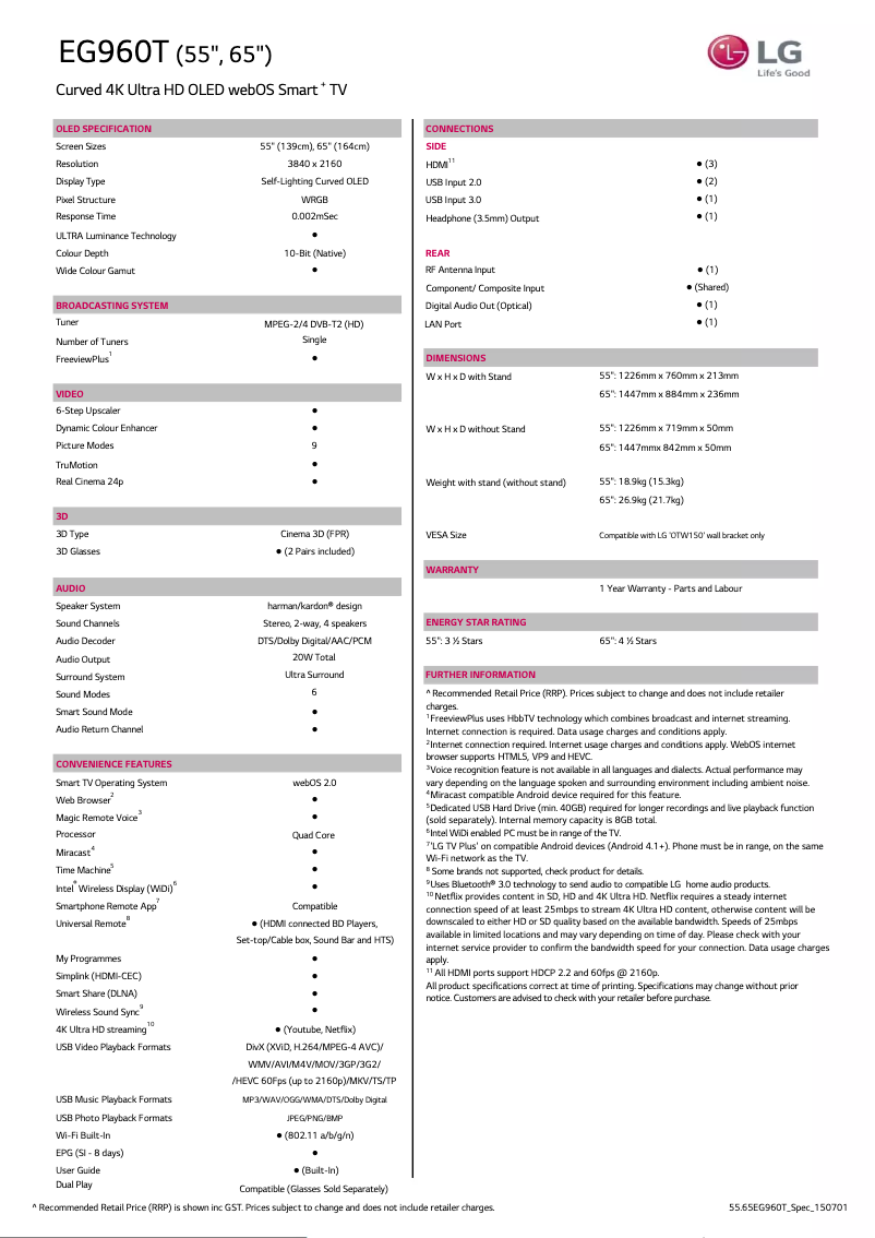 Page n°1 - Fiche technique LG 55EG960T