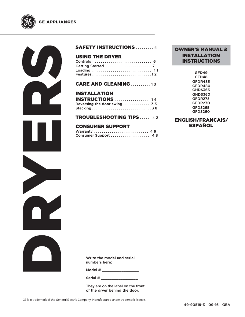 Page 1 de la notice Manuel utilisateur GE GFDR480