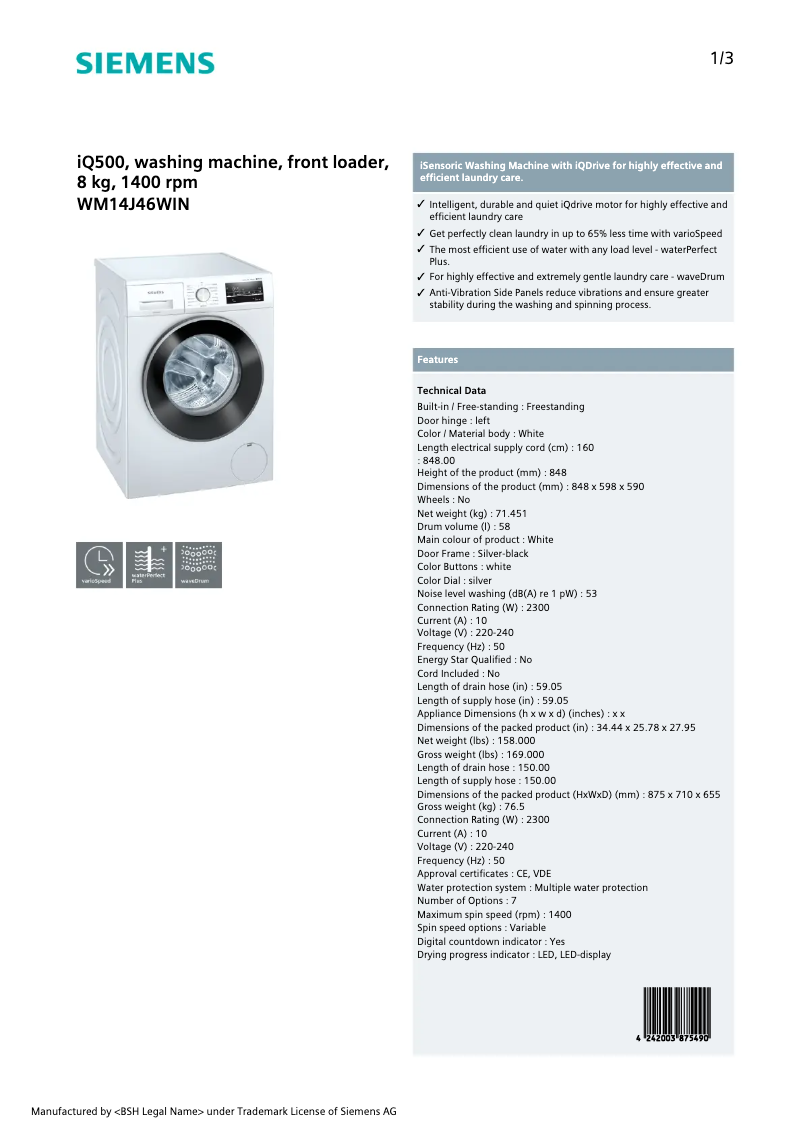 Page 1 de la notice Fiche technique Siemens WM14J46WIN