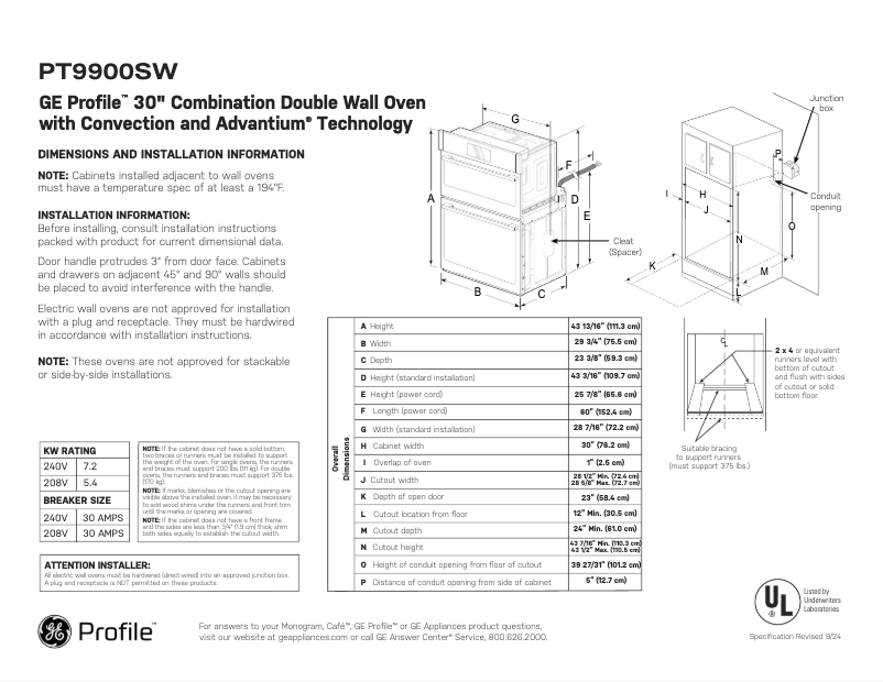 Page 1 de la notice Fiche technique GE Profile PT9900SWSS