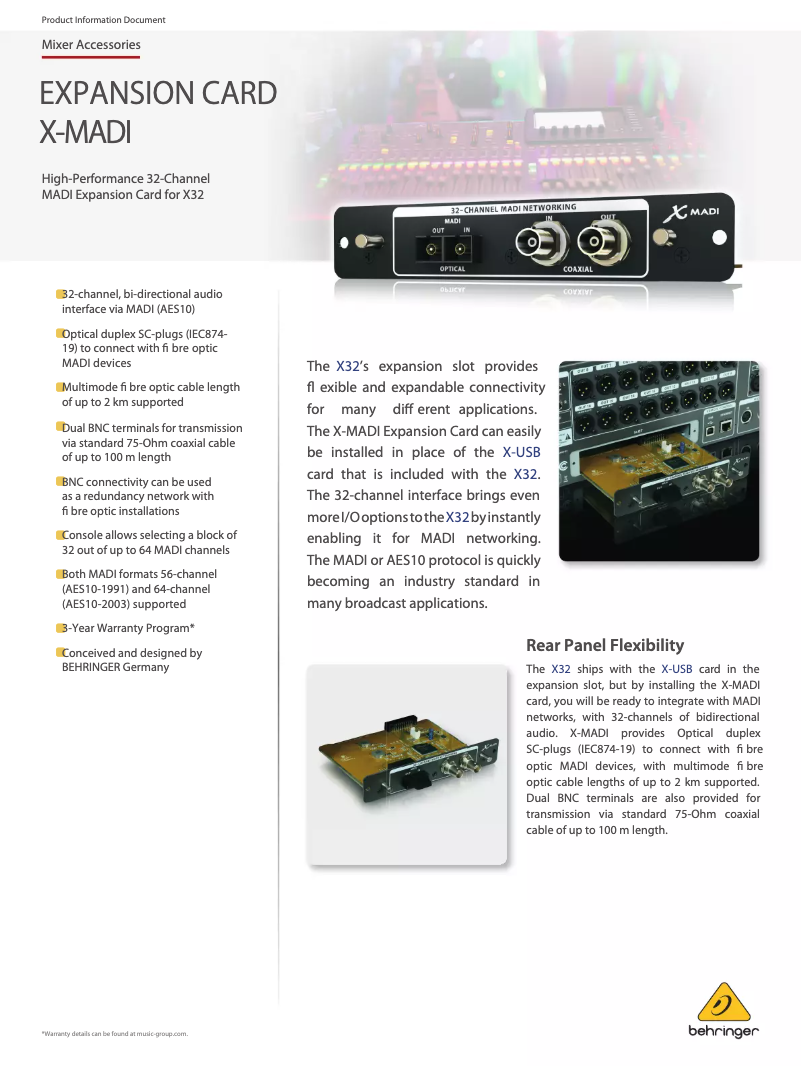 Page 1 de la notice Fiche technique Behringer X-MADI