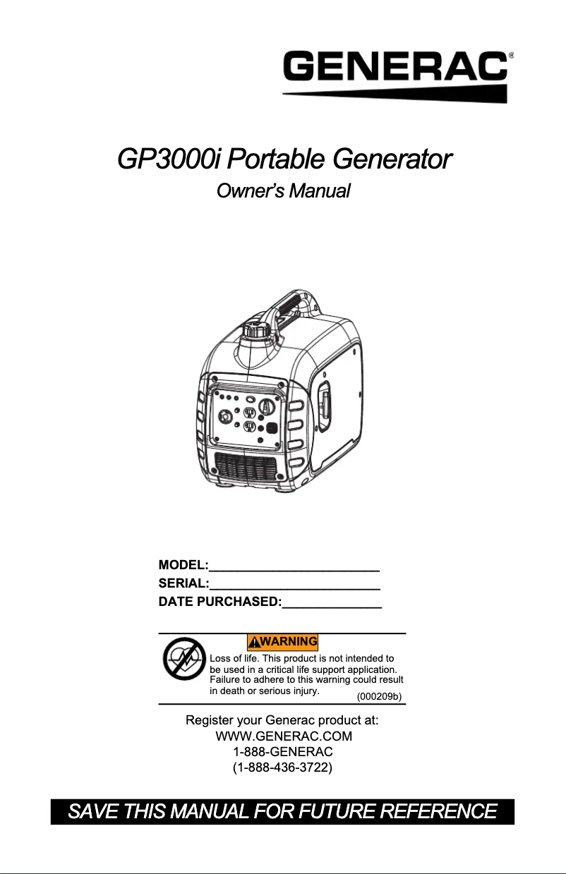 Page n°1 - Manuel utilisateur Generac GP3000i