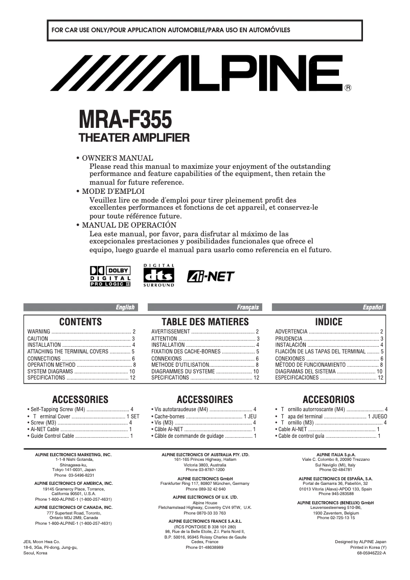 Page 1 de la notice Manuel utilisateur Alpine MRA-F355