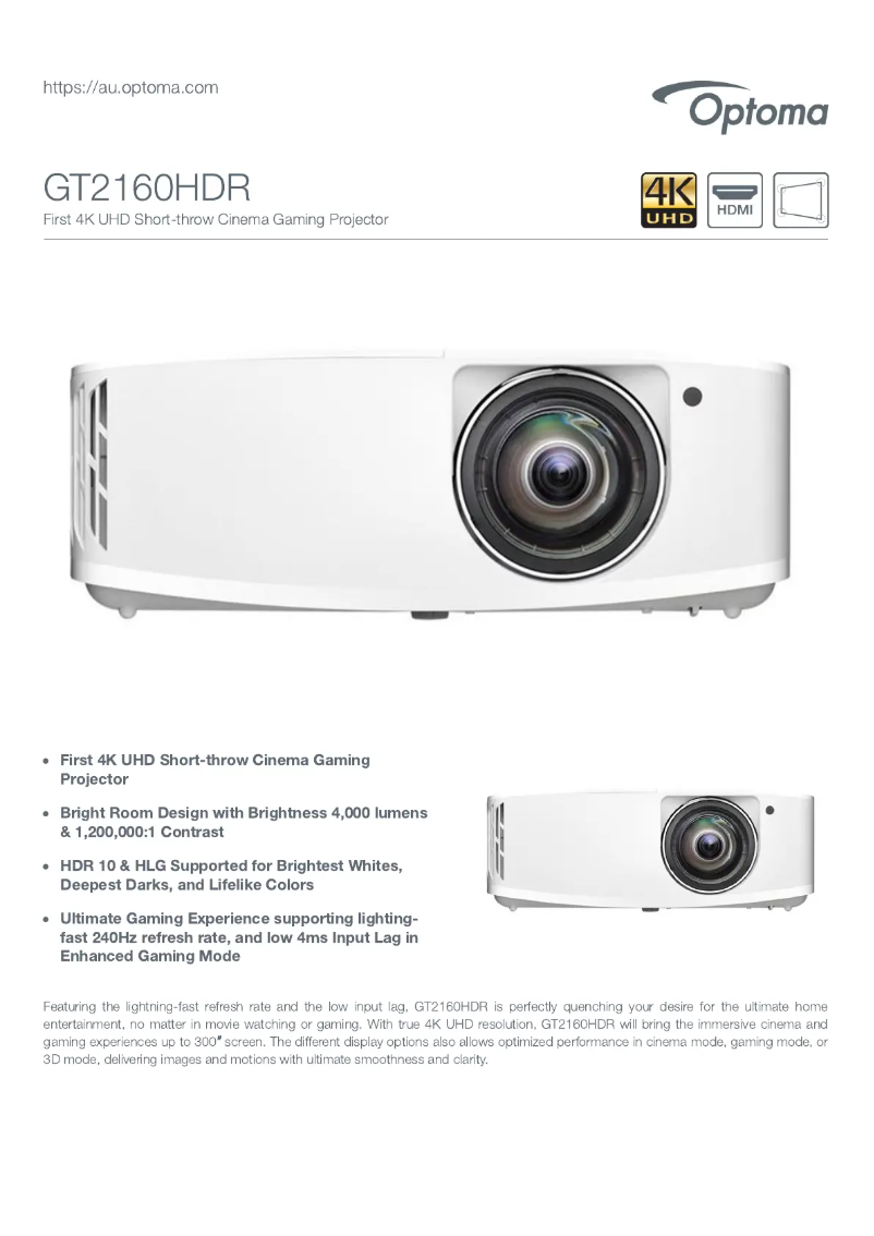 Page n°1 - Fiche technique Optoma GT2160HDR