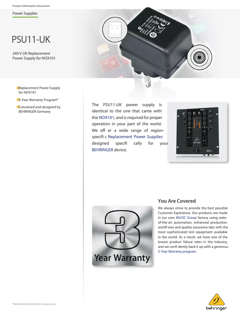 Page 1 de la notice Manuel utilisateur Behringer PSU11-UK