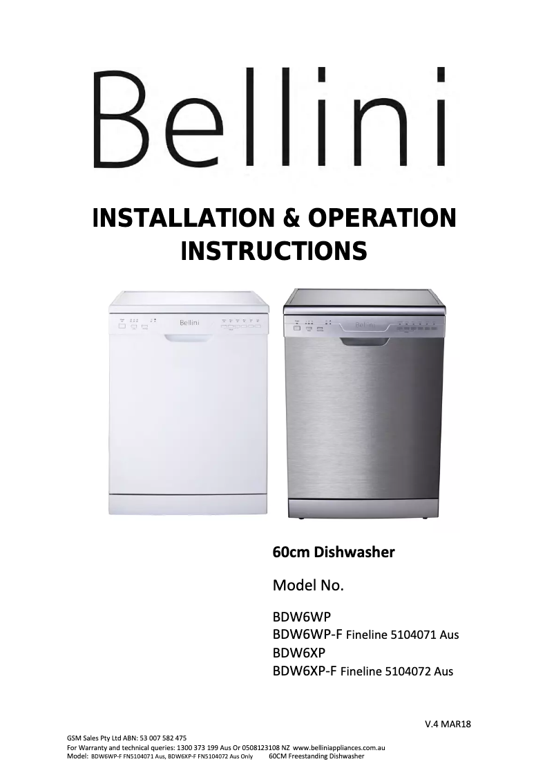 Page 1 de la notice Manuel utilisateur Bellini BDW6WP