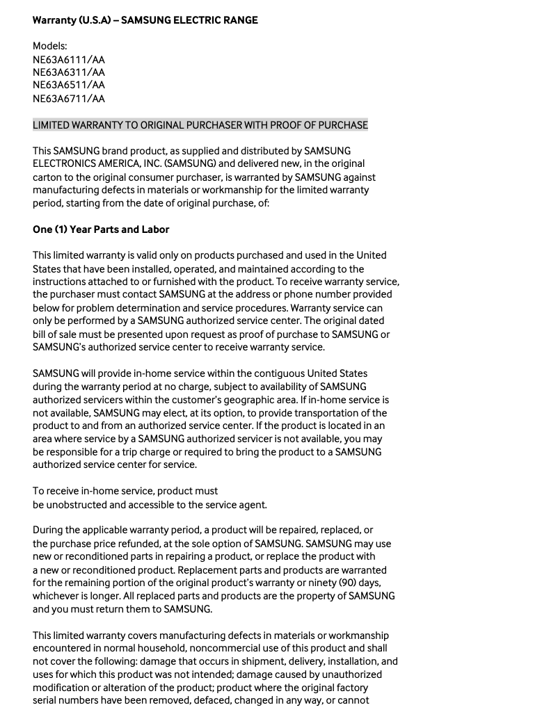 Page 1 de la notice Informations de garantie Samsung NE63A6711SS