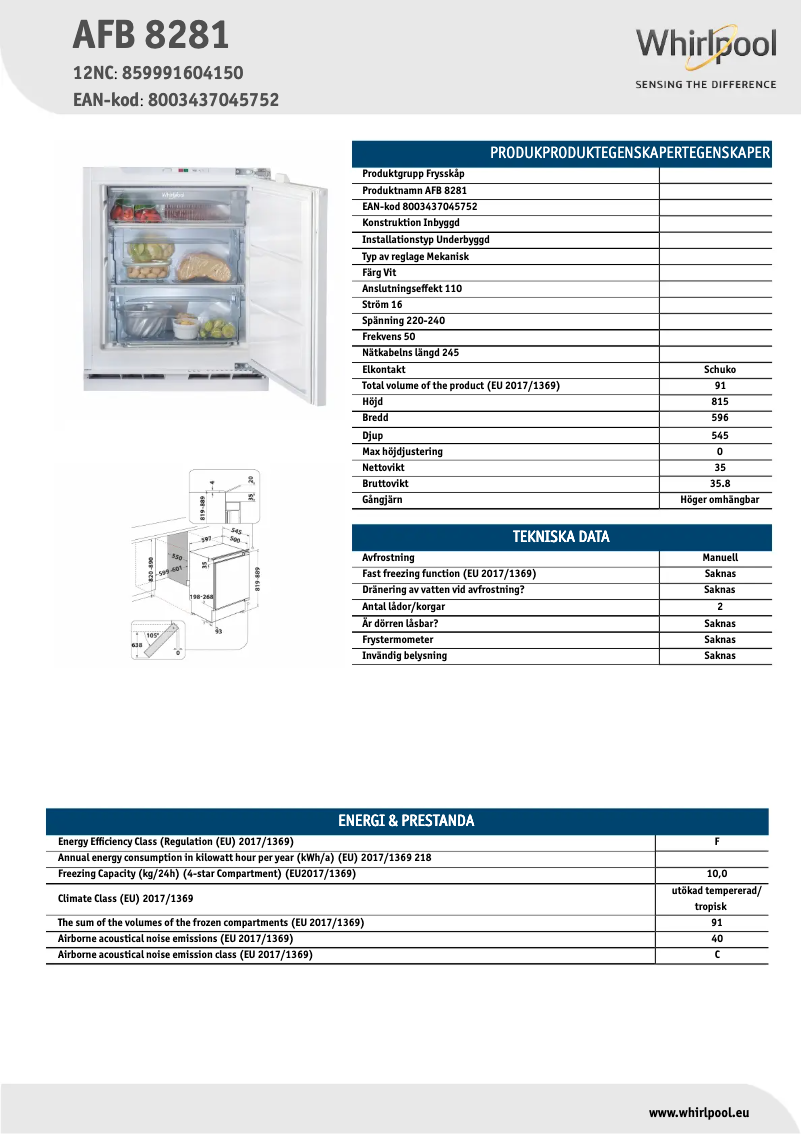 Page 1 de la notice Fiche technique Whirlpool AFB 8281