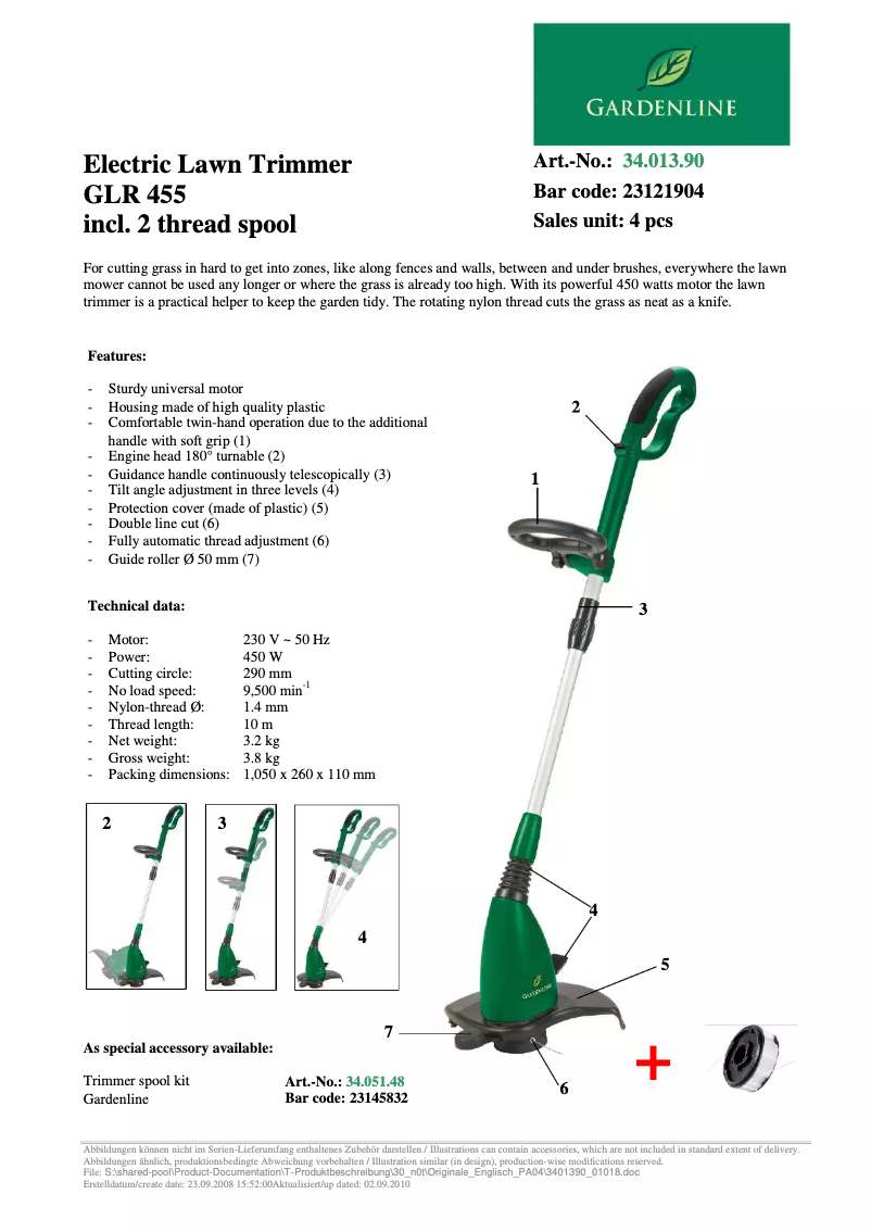 Page 1 de la notice Fiche technique Gardenline GLR 455