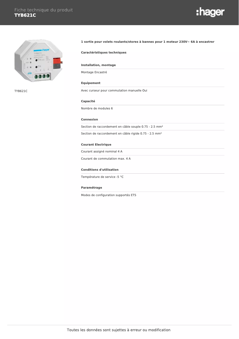 Page n°1 - Fiche technique Hager TYB621C