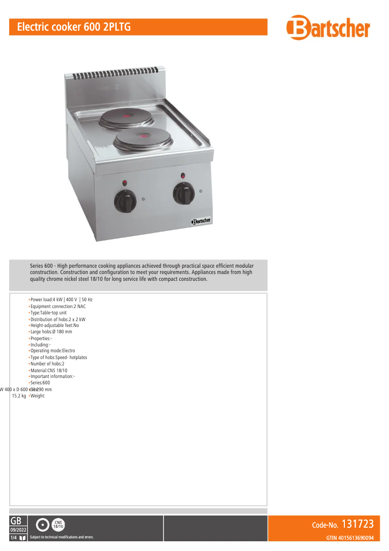 Page 1 de la notice Manuel utilisateur Bartscher 131723