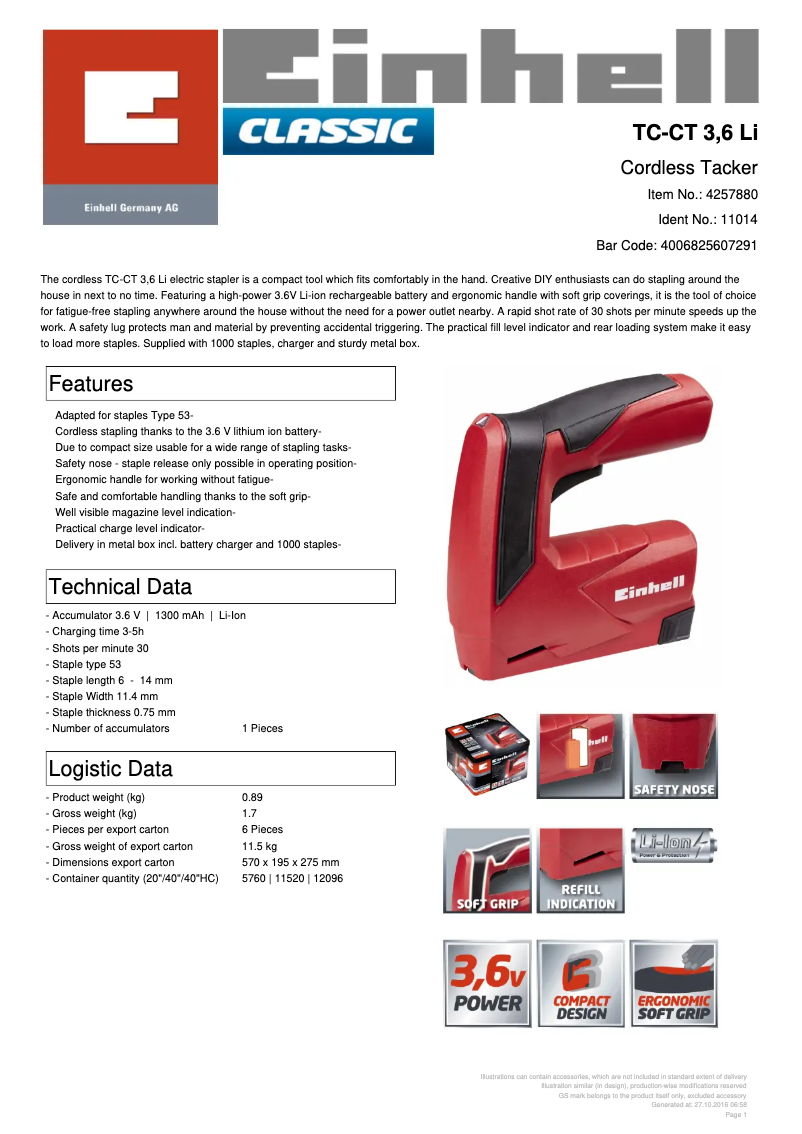 Página 1 del manual Ficha técnica Einhell TC-CT 3,6 Li